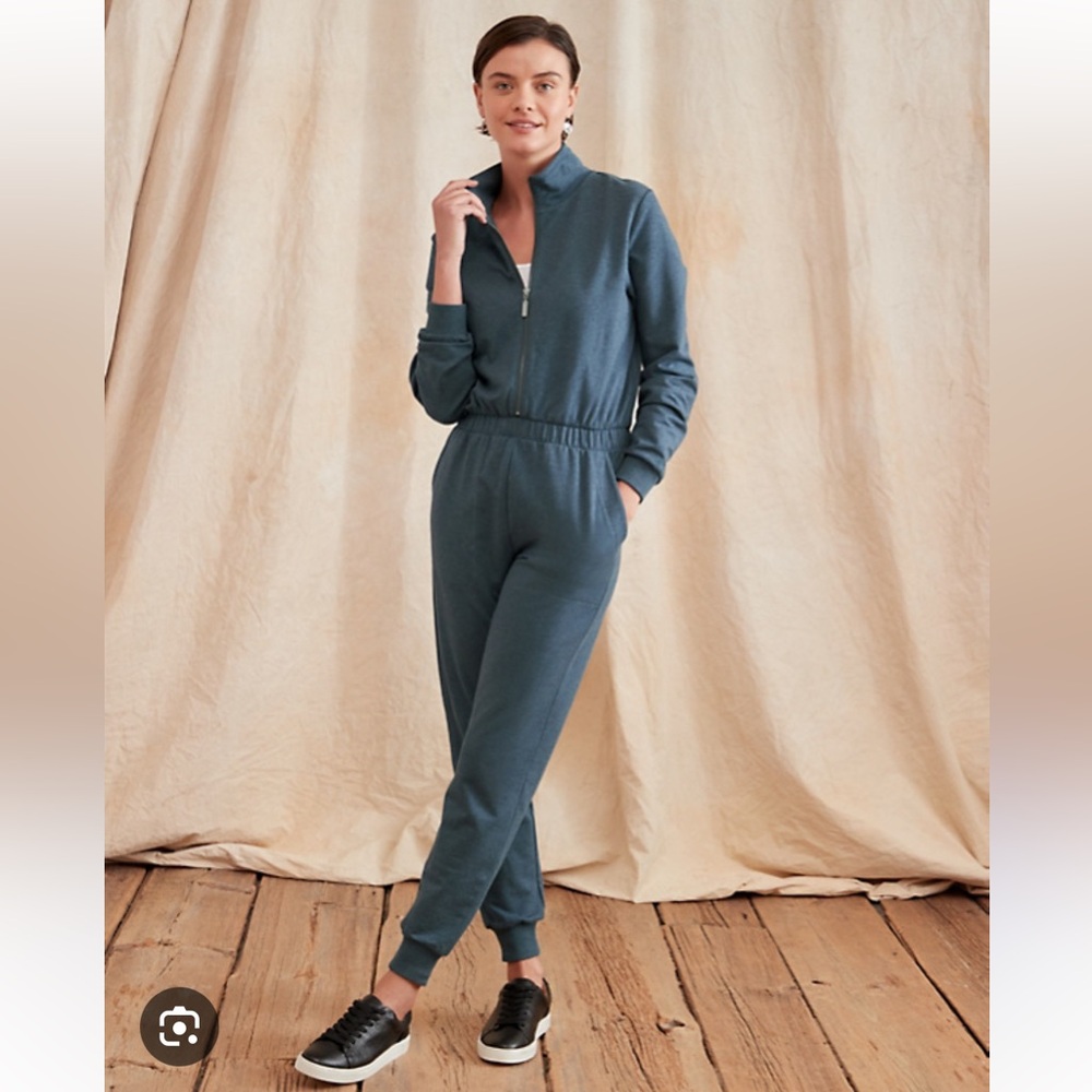 Garnet Hill Quarter-Zip French Terry Jumpsuit blue stone heather